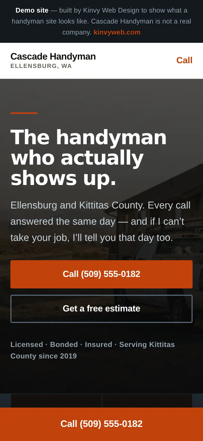 The same website on a phone with the call bar
