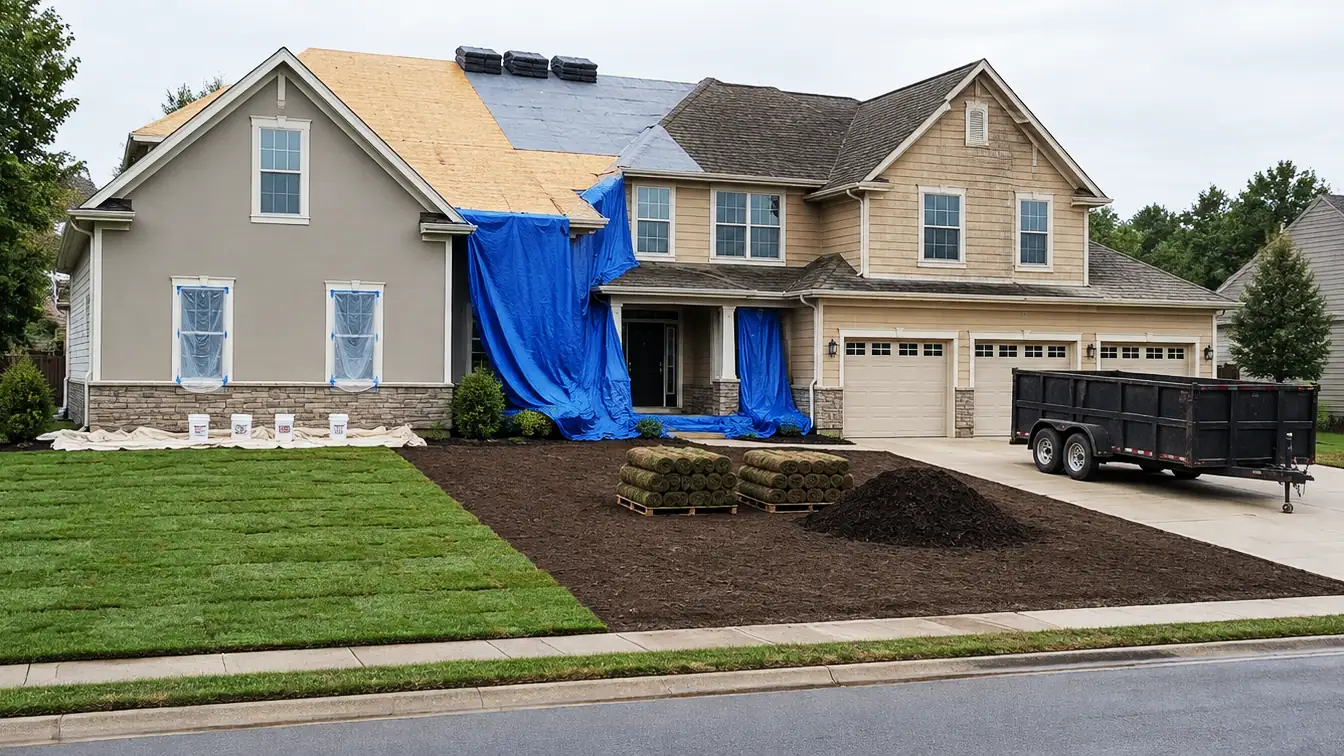A large suburban home with three trades working on it at once: half the roof stripped and re-shingled, half the siding freshly painted, and new sod going down in the front yard.